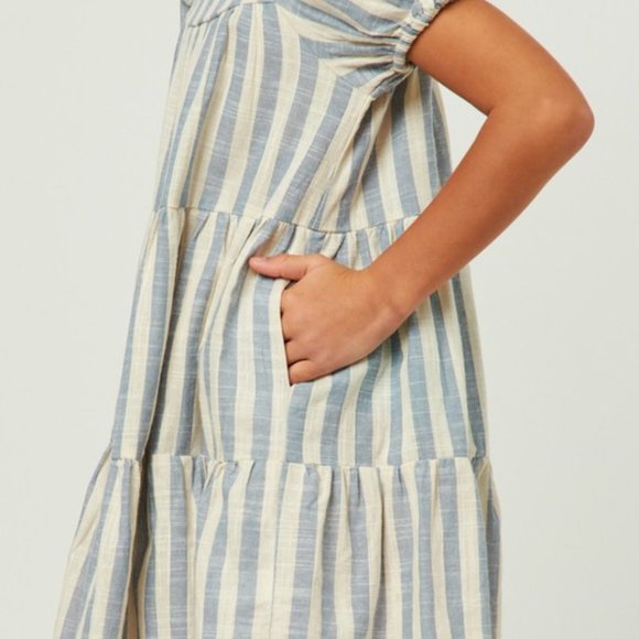 Girls Cotton Striped Square Neck Puff Sleeve Tiered Dress - Picture 8 of 10